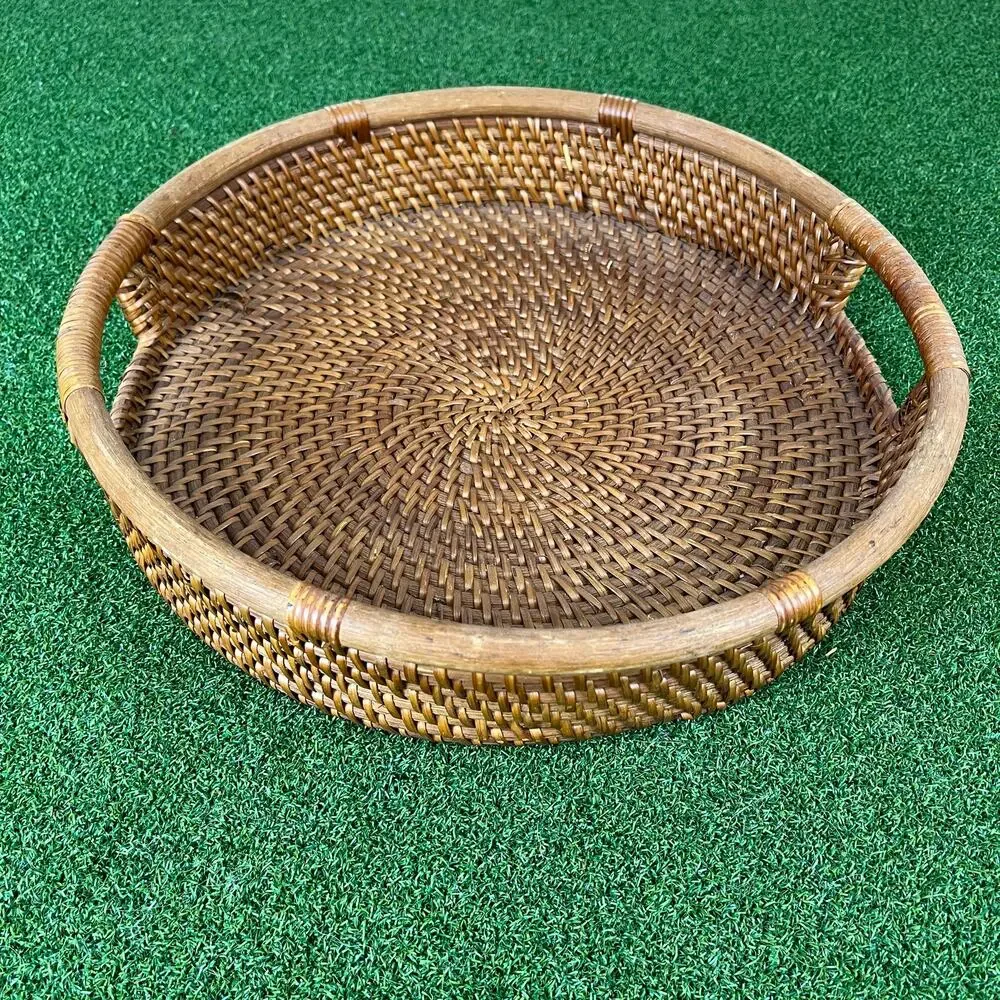 Hand Woven Round Rattan Serving Storage Tray with Handles Ottoman Tray 13